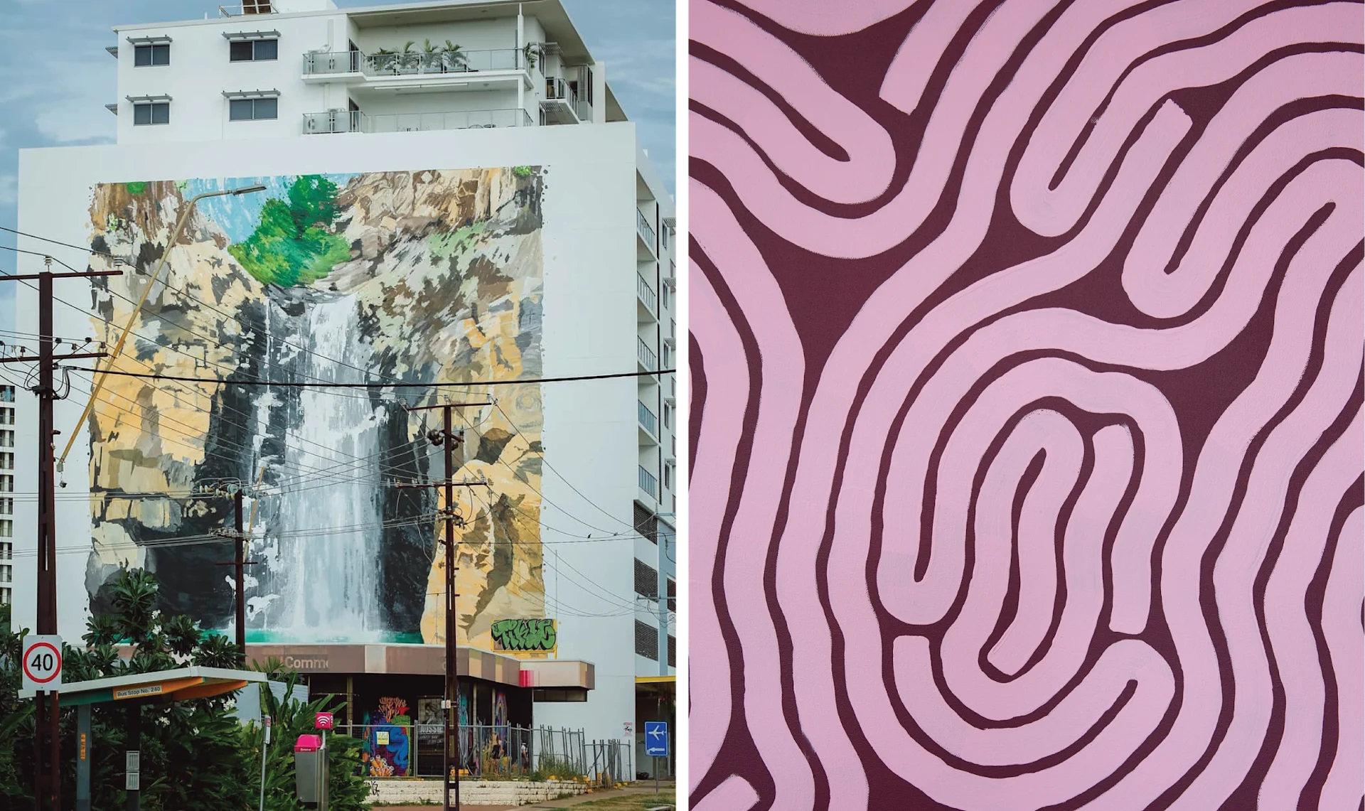 Street mural of a waterfall in Darwin and a modern Aboriginal painting with organic pink lines on deep purple background