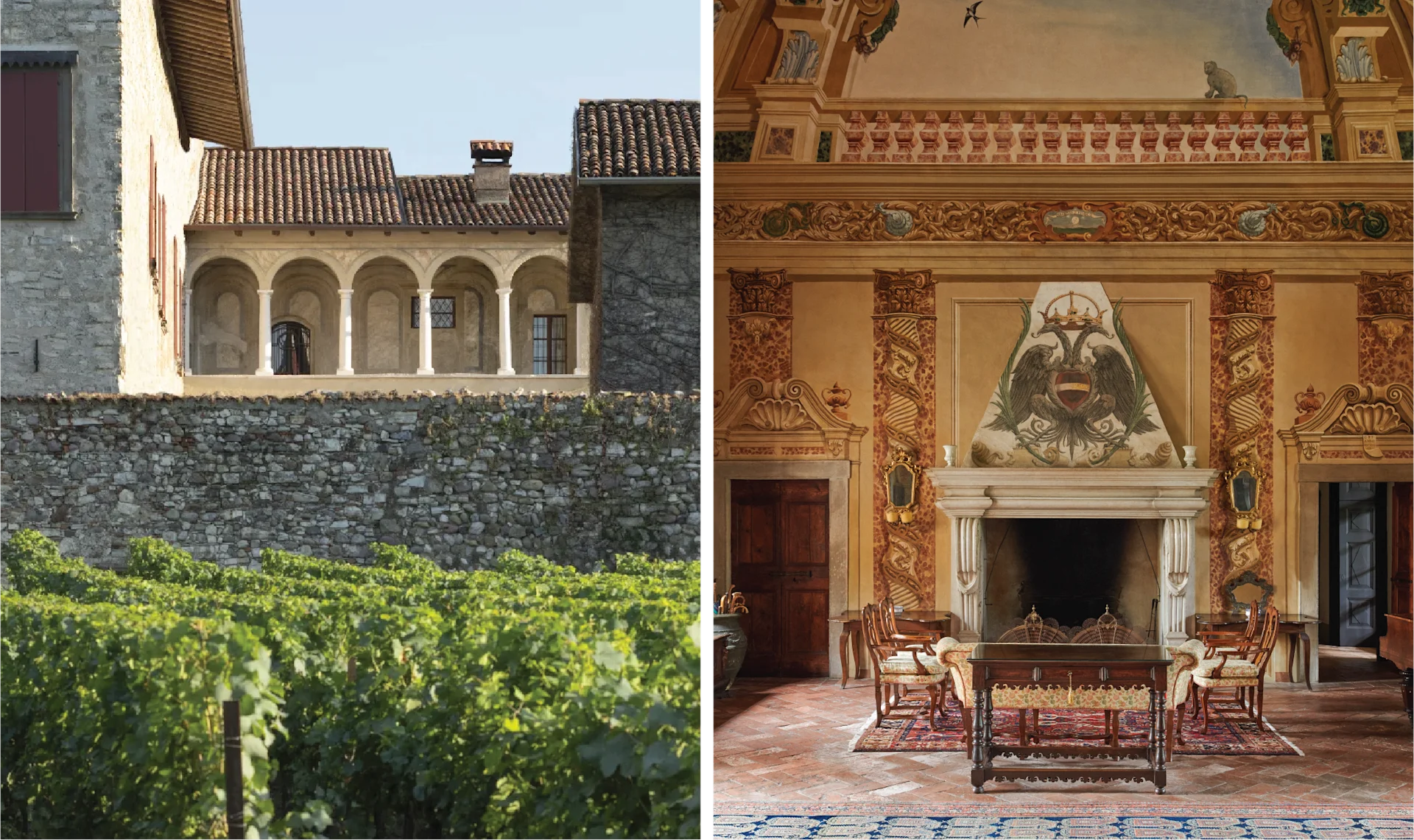 Exterior view of Guido Berlucchi wine estate showcasing historic buildings and surrounding vineyards in Franciacorta.