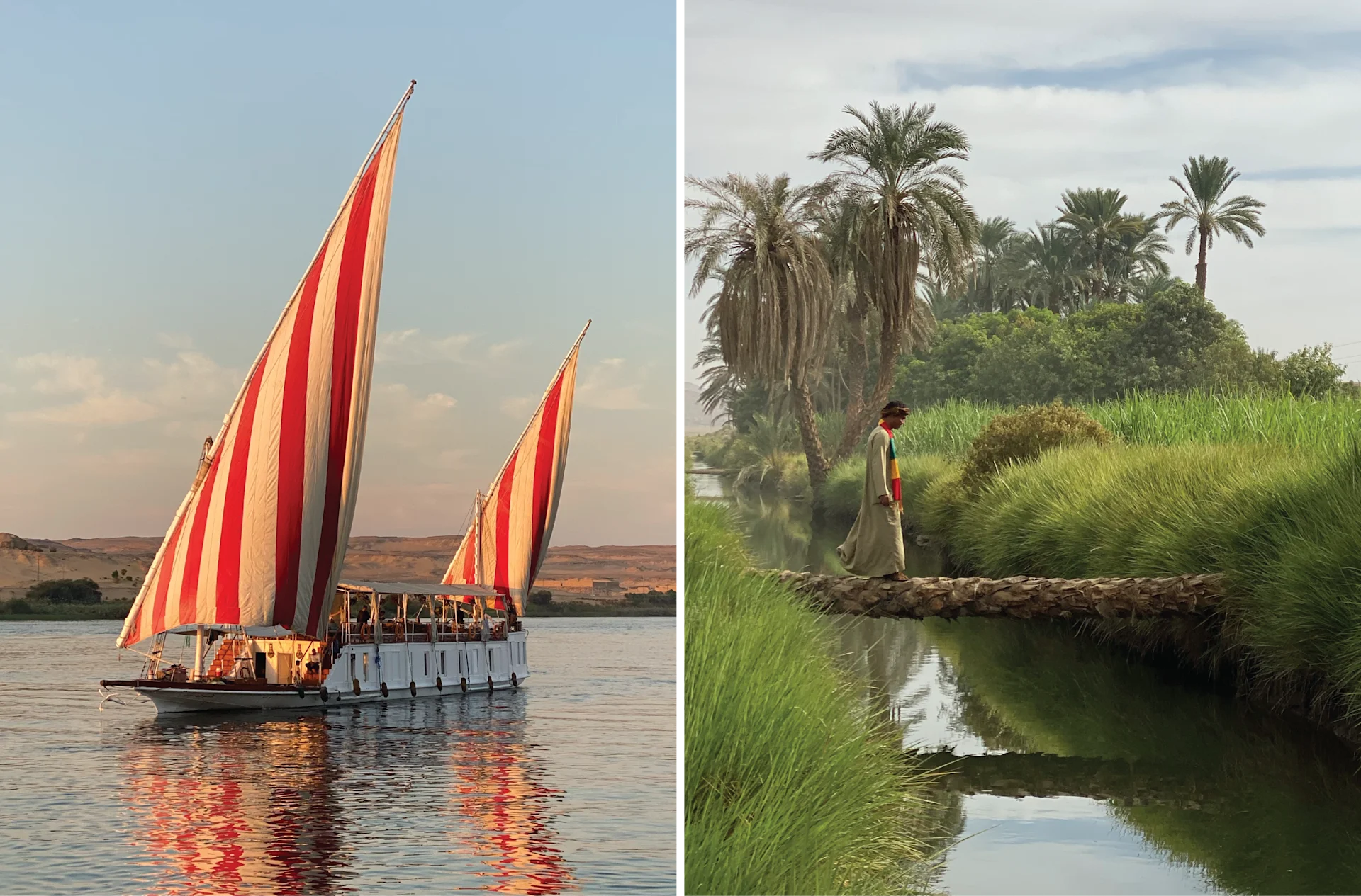 Egypt Slide 1 Left: River Boat, Right, Man walking over stream